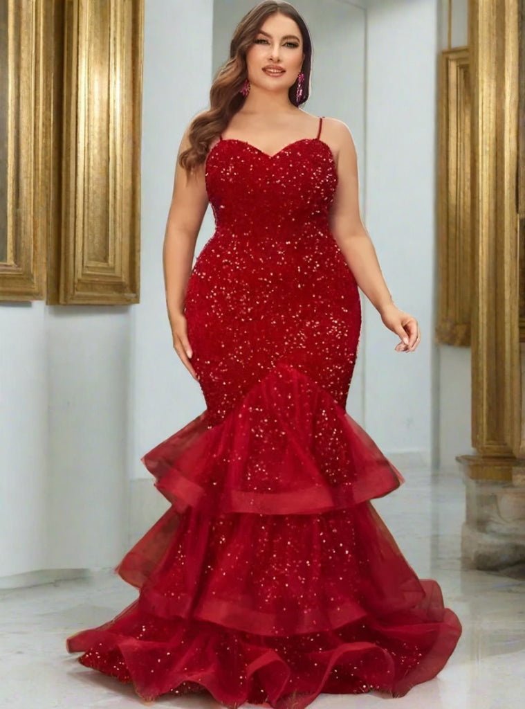 Walk Bold sequin mesh splicing evening dress in red, designed for bold and elegant formal occasions.