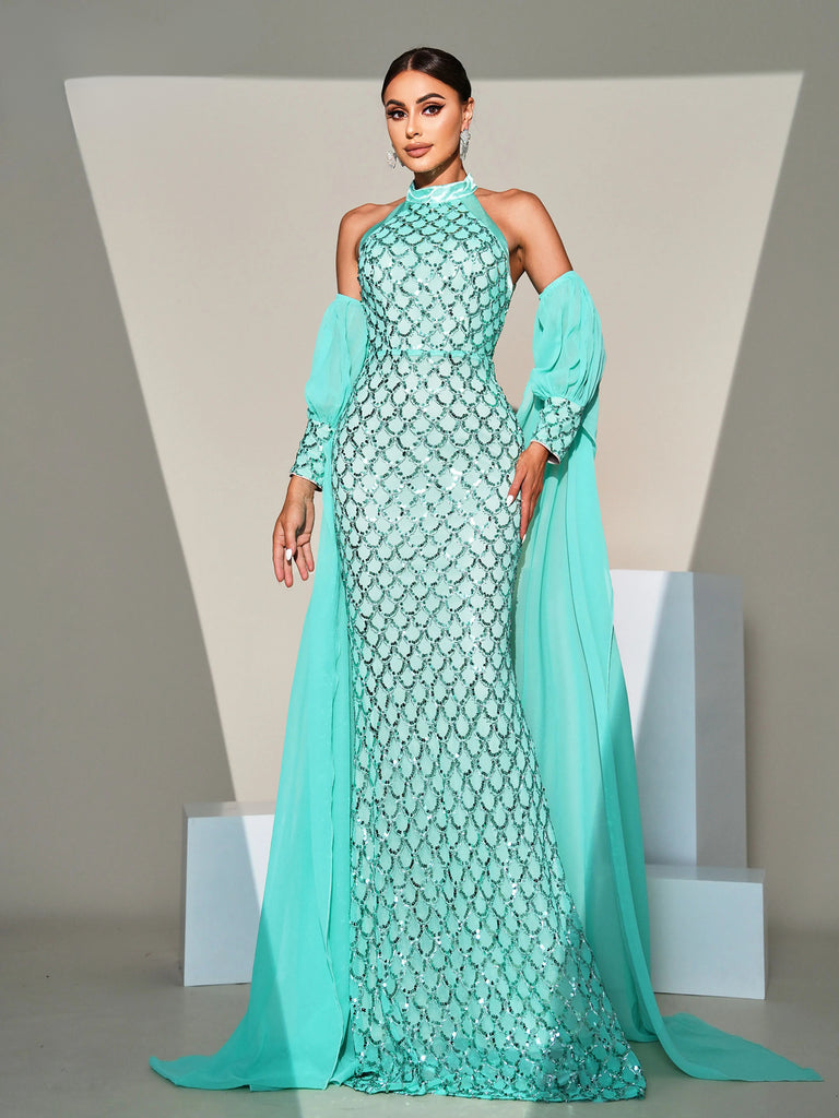 Green round neck sequin mermaid evening dress, perfect for formal occasions and parties.