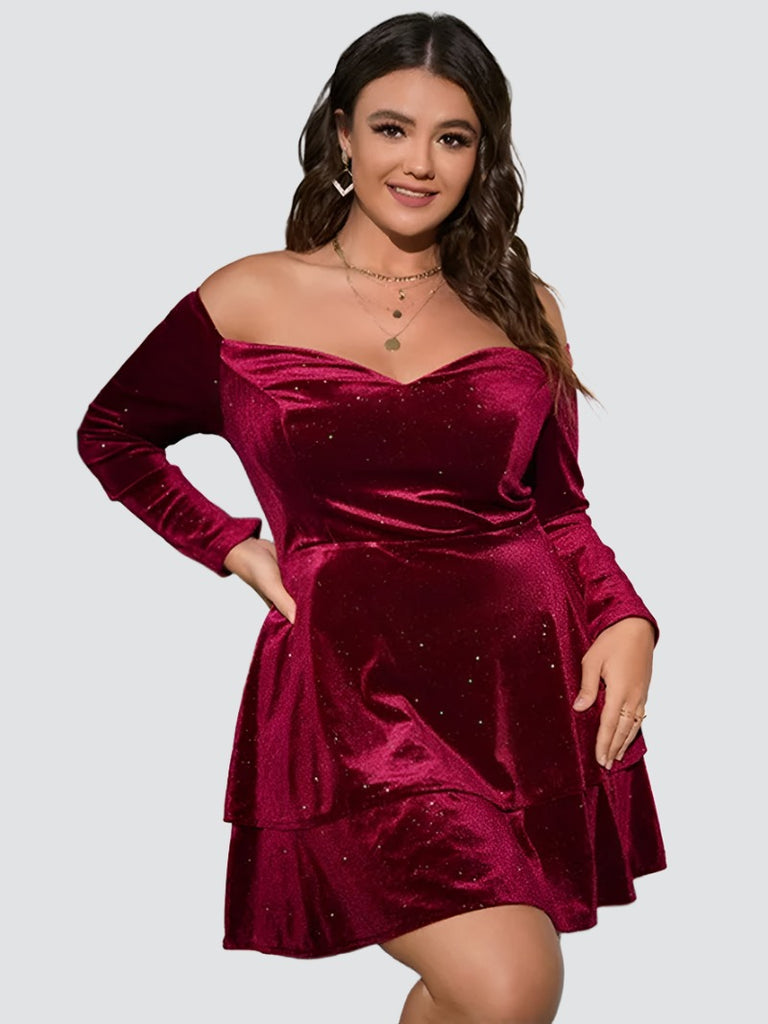 Luxurious Allure  Plus Size Velvet Fringe Off-Shoulder Dress