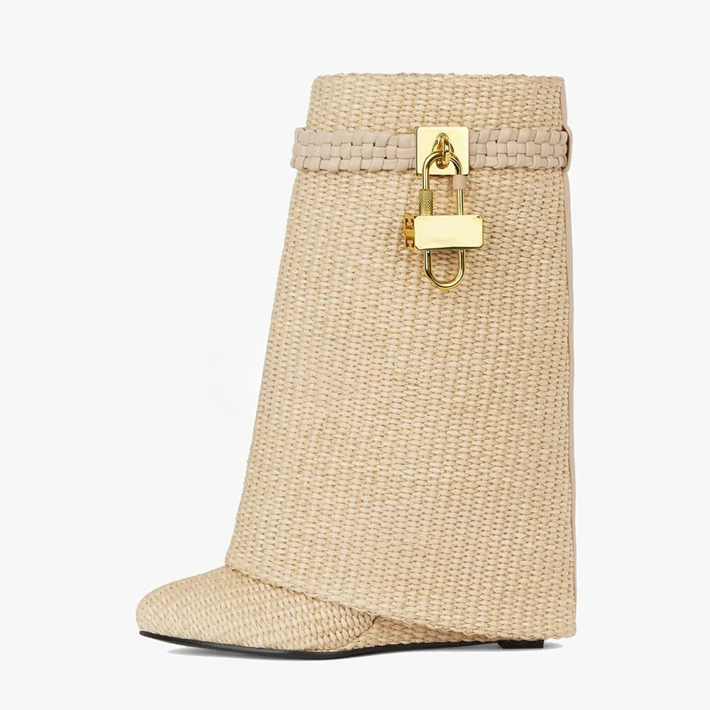Khaki woven mid calf boots with shark lock decoration, hidden wedge heels, and round toes, perfect for casual winter wear.