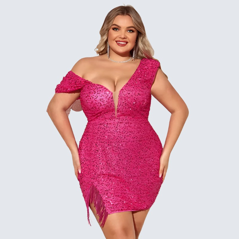 Plus size pink rose sequin mini party dress, perfect for elegant evening events.