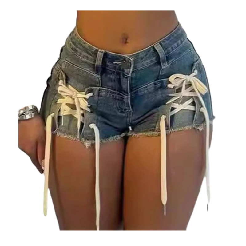 Women's Sexy Blue Stretch Denim Shorts Lace-Up Bandage Skinny 