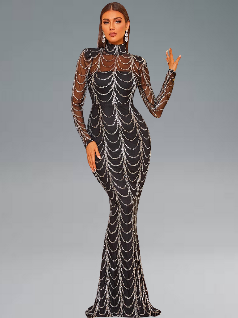 Wave sequin see-through bodycon evening dress for women, available in gold and silver.