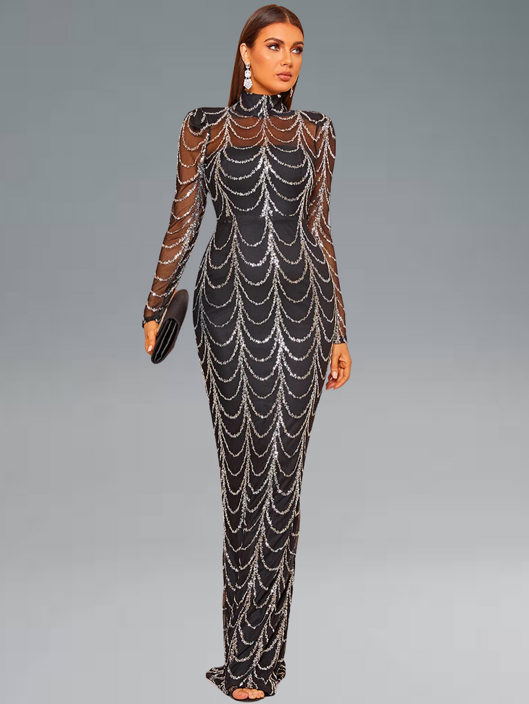 Wave sequin see-through bodycon evening dress for women, available in gold and silver.