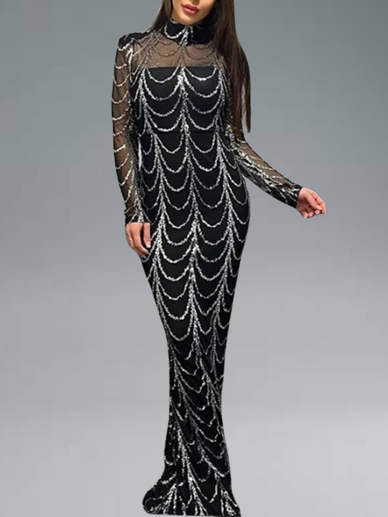 Wave sequin see-through bodycon evening dress for women, available in gold and silver.