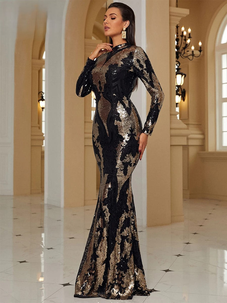 Stunning black and gold sequin evening gown with long sleeves, featuring an intricate pattern that creates an hourglass silhouette effect. The high neckline and floor-length design offer a sophisticated, glamorous look perfect for formal events and red carpet occasions.