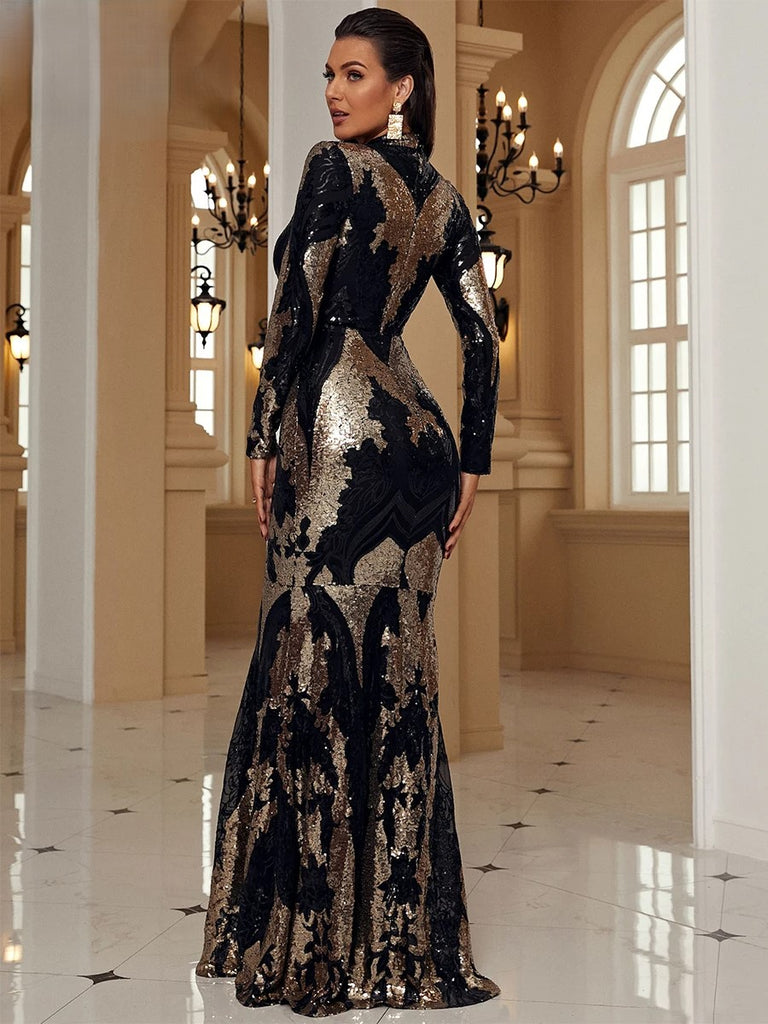 Stunning black and gold sequin evening gown with long sleeves, featuring an intricate pattern that creates an hourglass silhouette effect. The high neckline and floor-length design offer a sophisticated, glamorous look perfect for formal events and red carpet occasions.