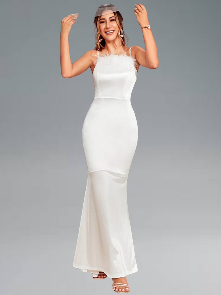 Elegant satin maxi bridal dress, suitable for weddings, birthdays, and parties, available in white.