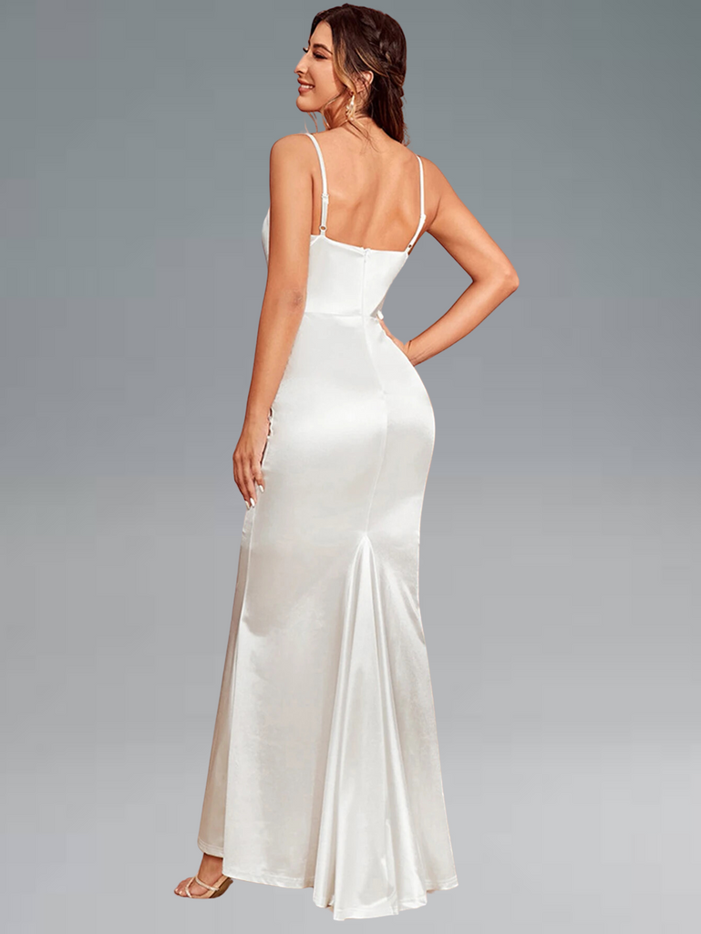 Elegant satin maxi bridal dress, suitable for weddings, birthdays, and parties, available in white.