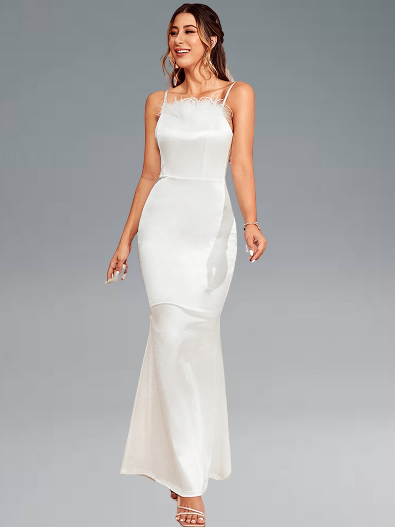 Elegant satin maxi bridal dress, suitable for weddings, birthdays, and parties, available in white.