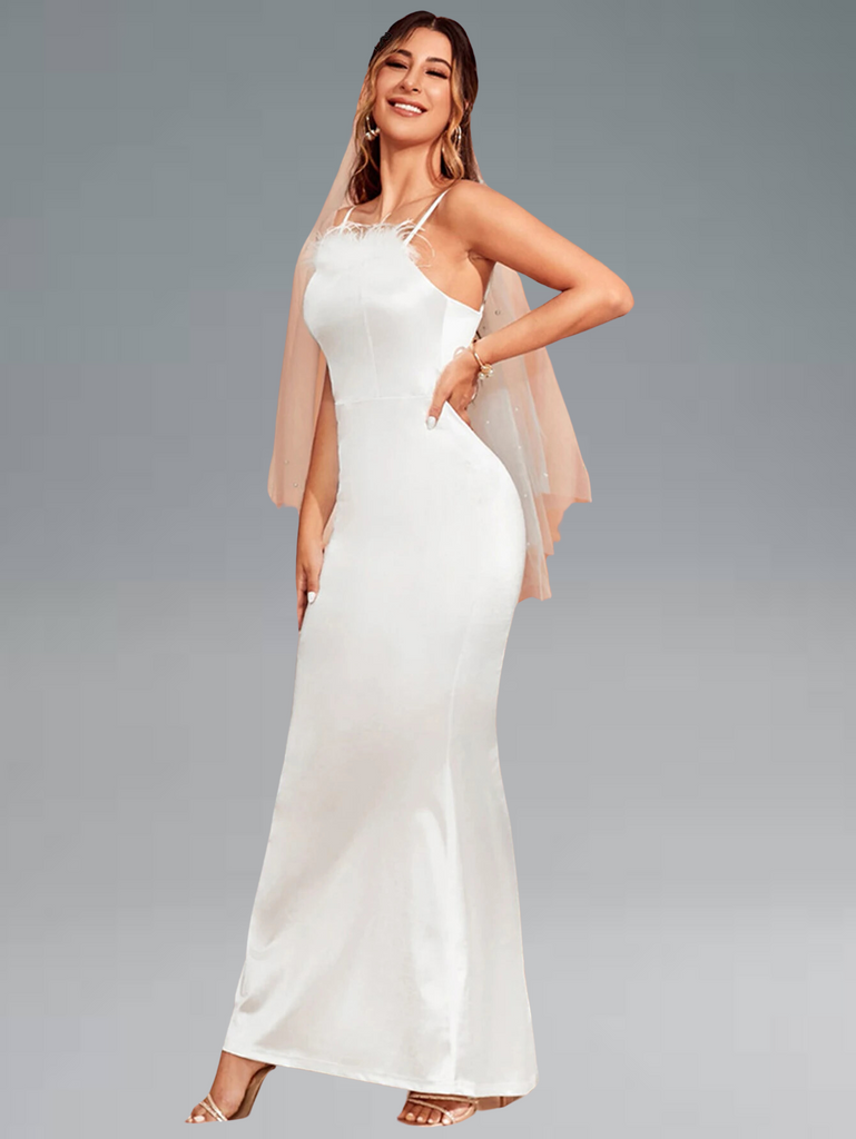 Elegant satin maxi bridal dress, suitable for weddings, birthdays, and parties, available in white.