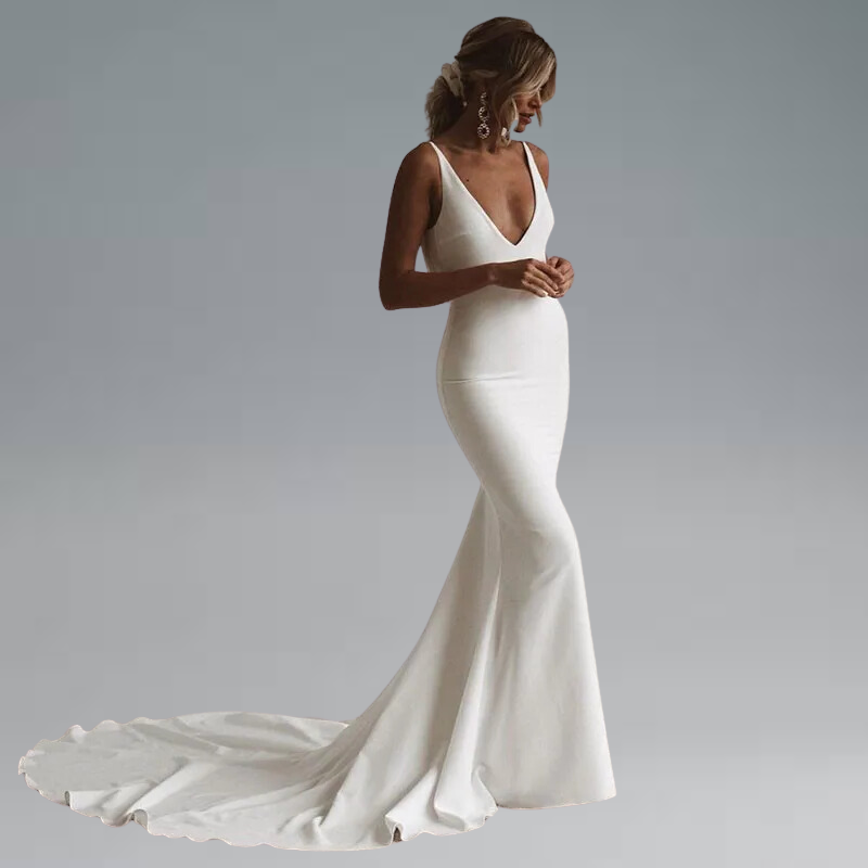 Sexy Mermaid Wedding Dress V-Neck Open Back Boho Wedding Gown Simple Plain Long Train Buttons Beach Bridal Dress 