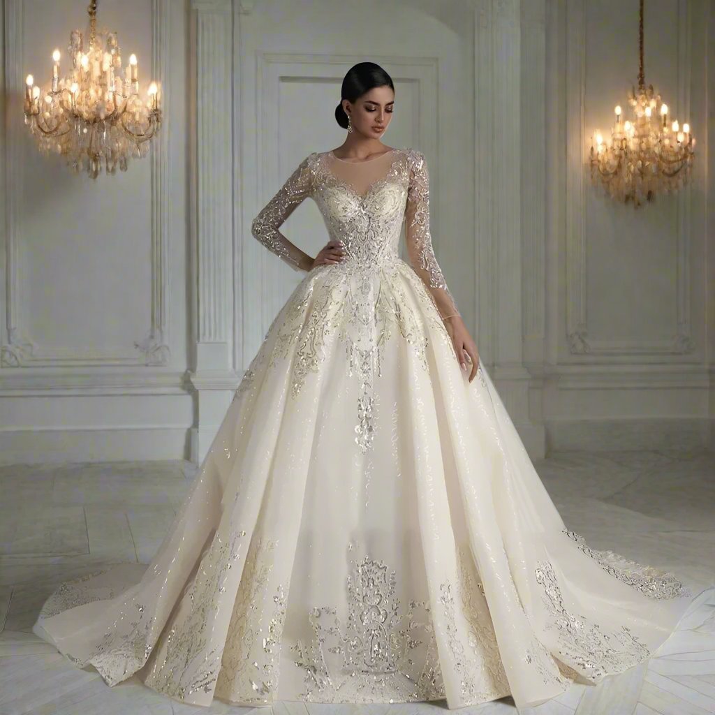 Elegant bridal gown featuring a ball gown silhouette. The dress is adorned with intricate silver embroidery and beading, creating a luxurious and sparkling effect. It has a sweetheart neckline overlaid with sheer fabric forming long, fitted lace sleeves and an illusion neckline. The full skirt flows into a dramatic train, enhancing the gown's regal appearance. The light ivory color adds a soft and romantic touch, making it a perfect choice for a formal wedding.