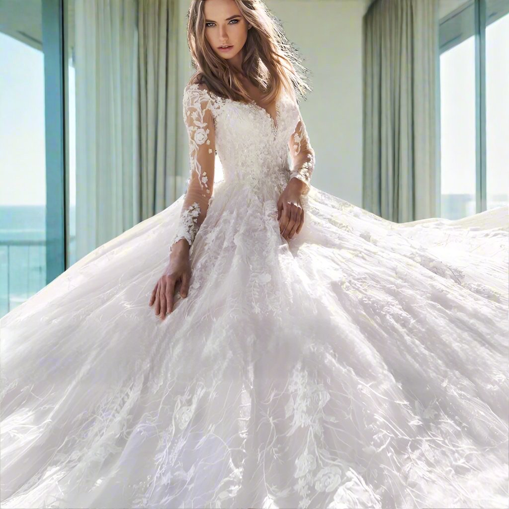 Exquisite long-sleeve bridal gown featuring intricate lace detailing and a dramatic cathedral train. The fitted bodice flows gracefully into a voluminous skirt, creating an ethereal and timeless look. Perfect for a fairy-tale wedding.