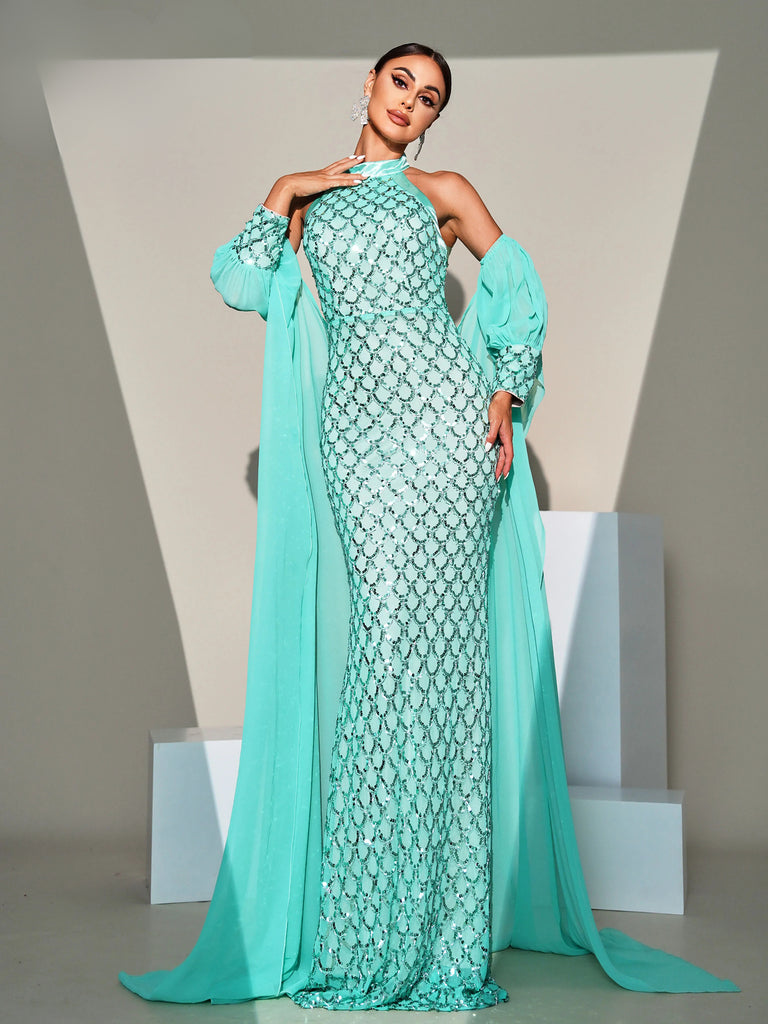 Green round neck sequin mermaid evening dress, perfect for formal occasions and parties.