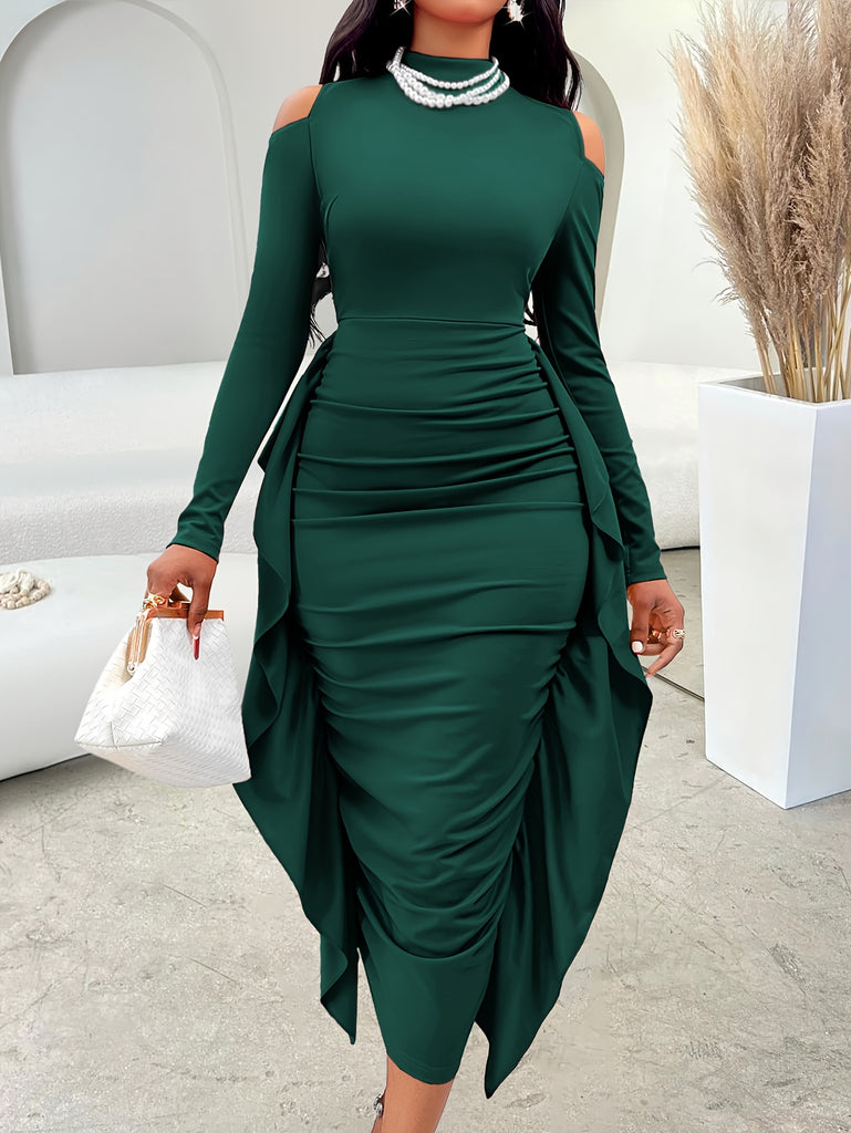 Chic emerald green long-sleeve evening dress with cold-shoulder detail, ruched front, and cascading side drapes, exuding elegance and sophistication for formal occasions.