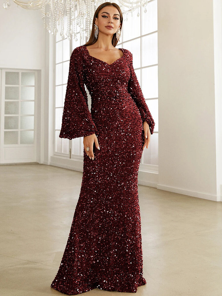 Sweetheart neck sequin mermaid dress with flare sleeves, available in pink, gray, green, claret, and orange.