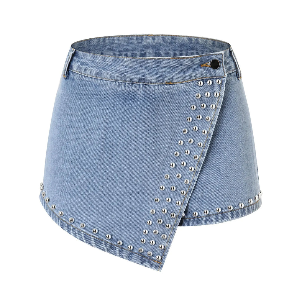 Women's Summer Denim Skirt Shorts with Bead Detail and Cargo Pockets