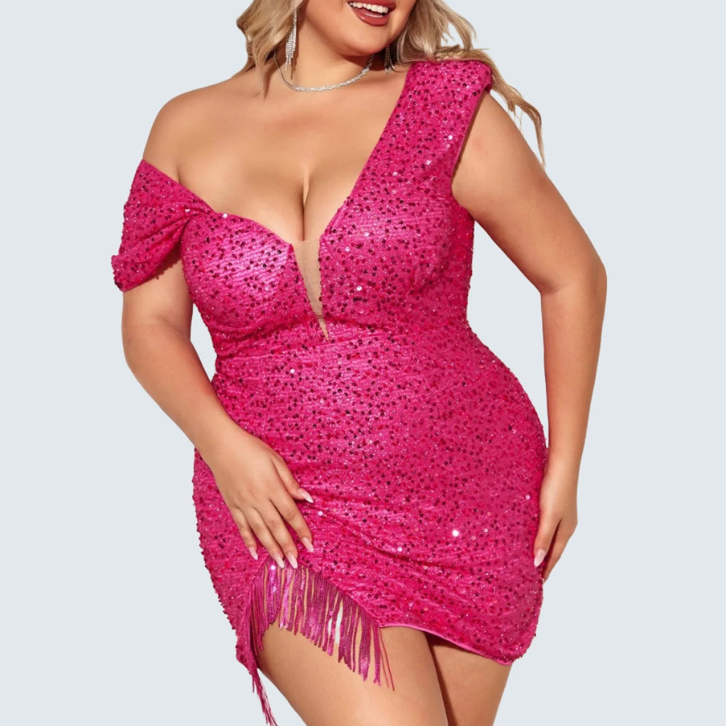 Plus size pink rose sequin mini party dress, perfect for elegant evening events.