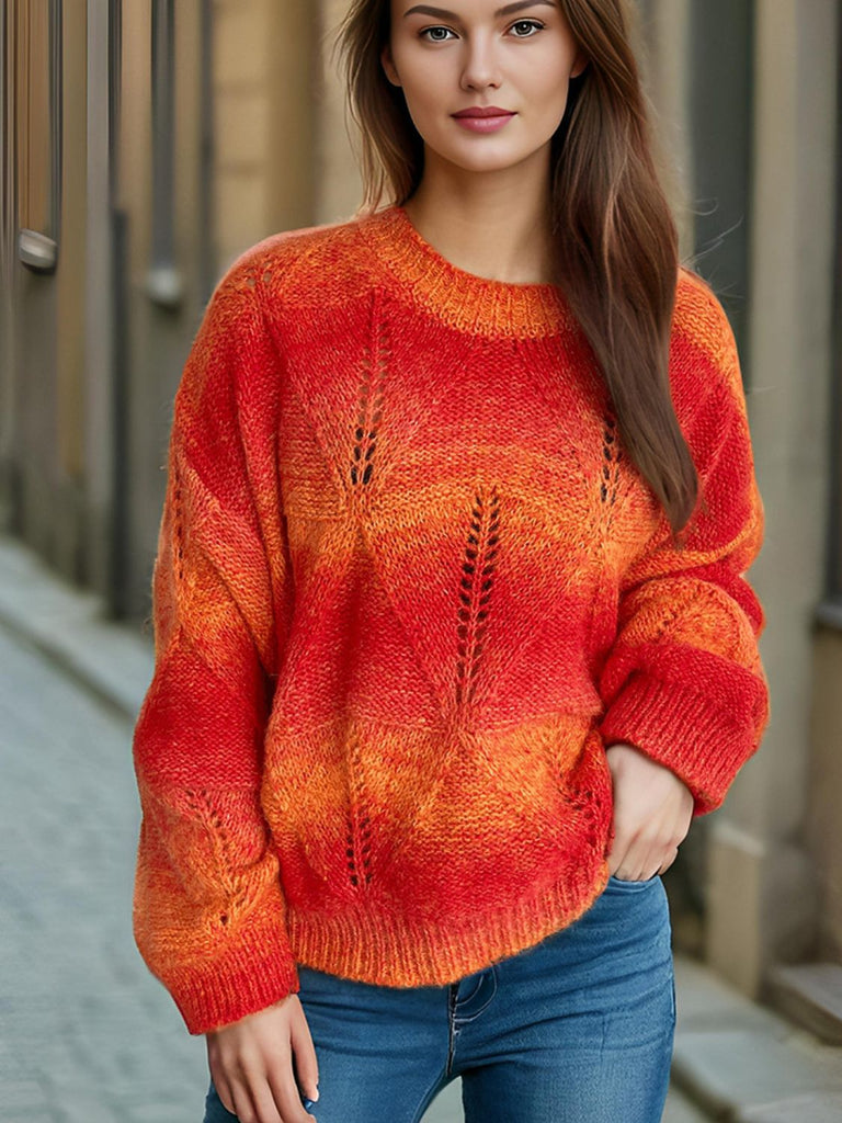 Openwork round neck long sleeve sweater, available in orange, yellow, and sage.