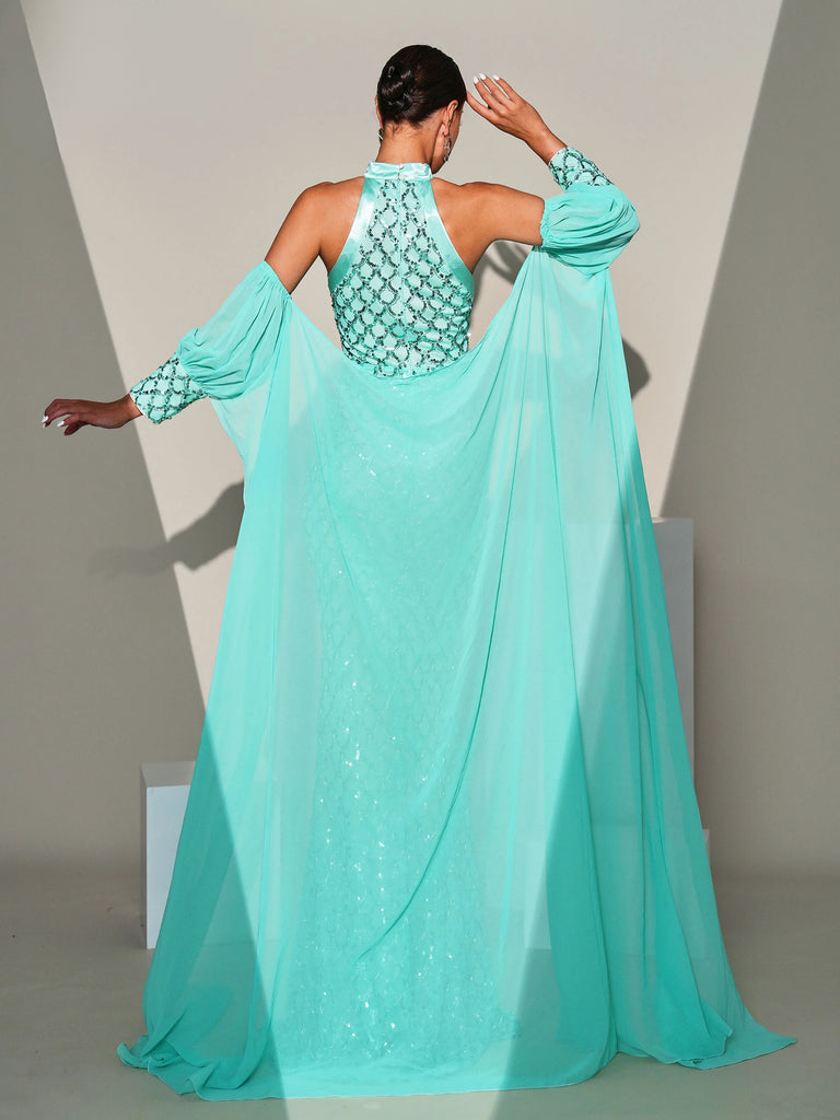 Green round neck sequin mermaid evening dress, perfect for formal occasions and parties.