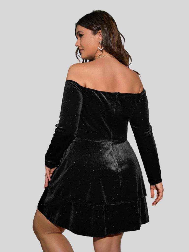 Luxurious Allure  Plus Size Velvet Fringe Off-Shoulder Dress