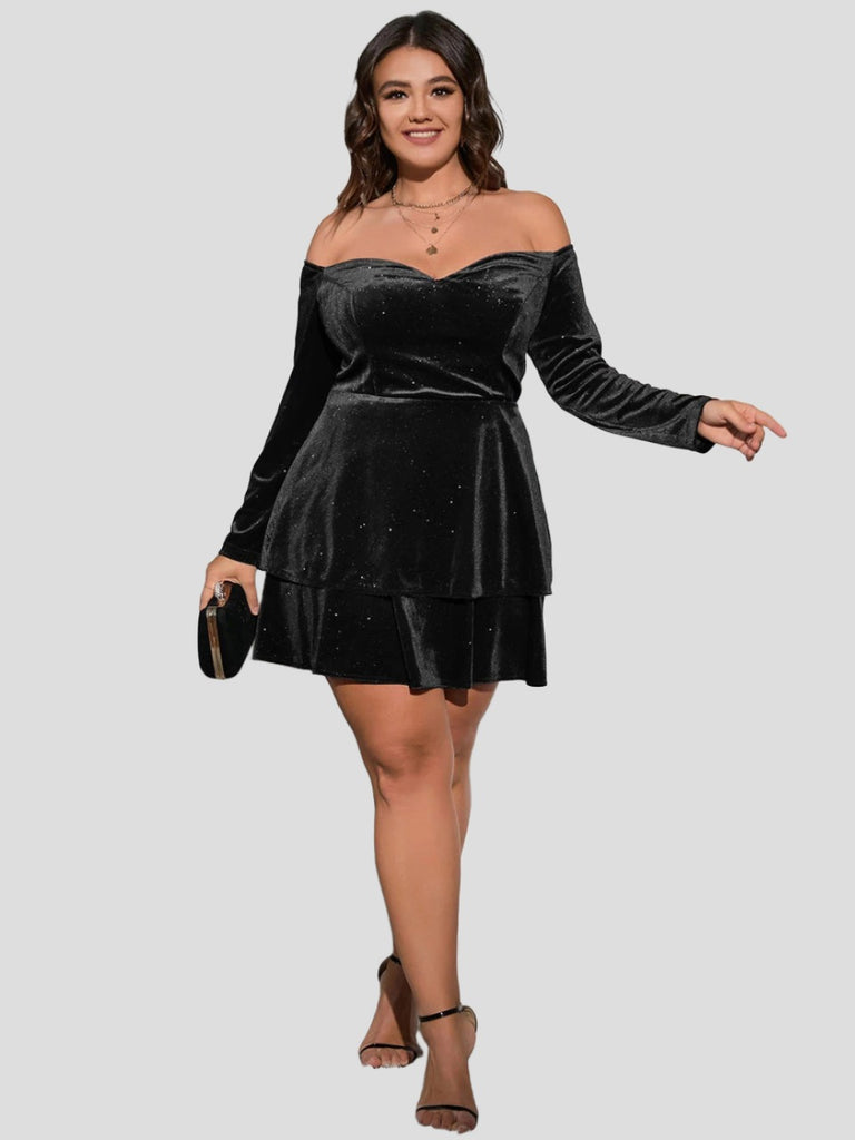 Luxurious Allure  Plus Size Velvet Fringe Off-Shoulder Dress