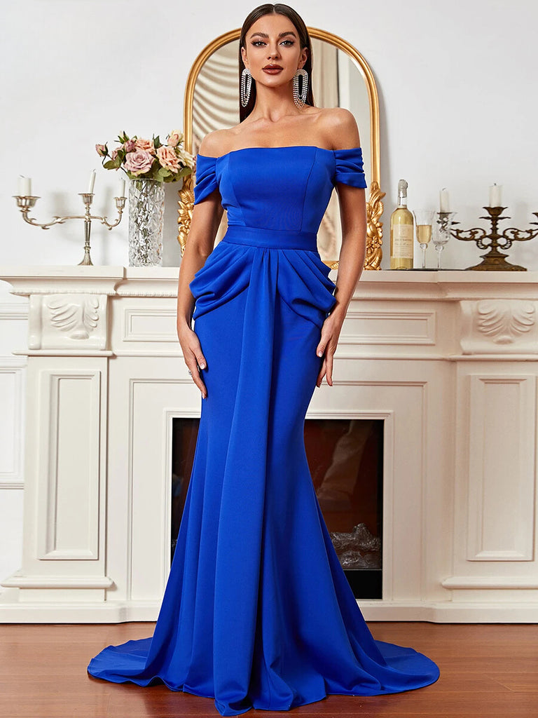 Royal blue off-shoulder gown featuring a ruched bodice and a floor-length silhouette, perfect for formal occasions or evening galas