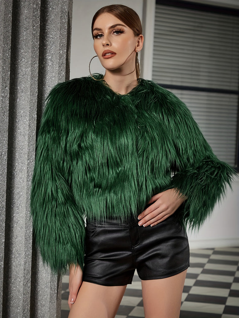 Faux fur open front crop coat available in purple and dark green, ideal for stylish fall and winter outfits.