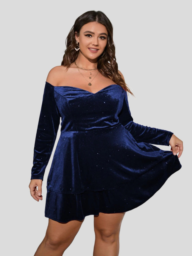 Luxurious Allure  Plus Size Velvet Fringe Off-Shoulder Dress