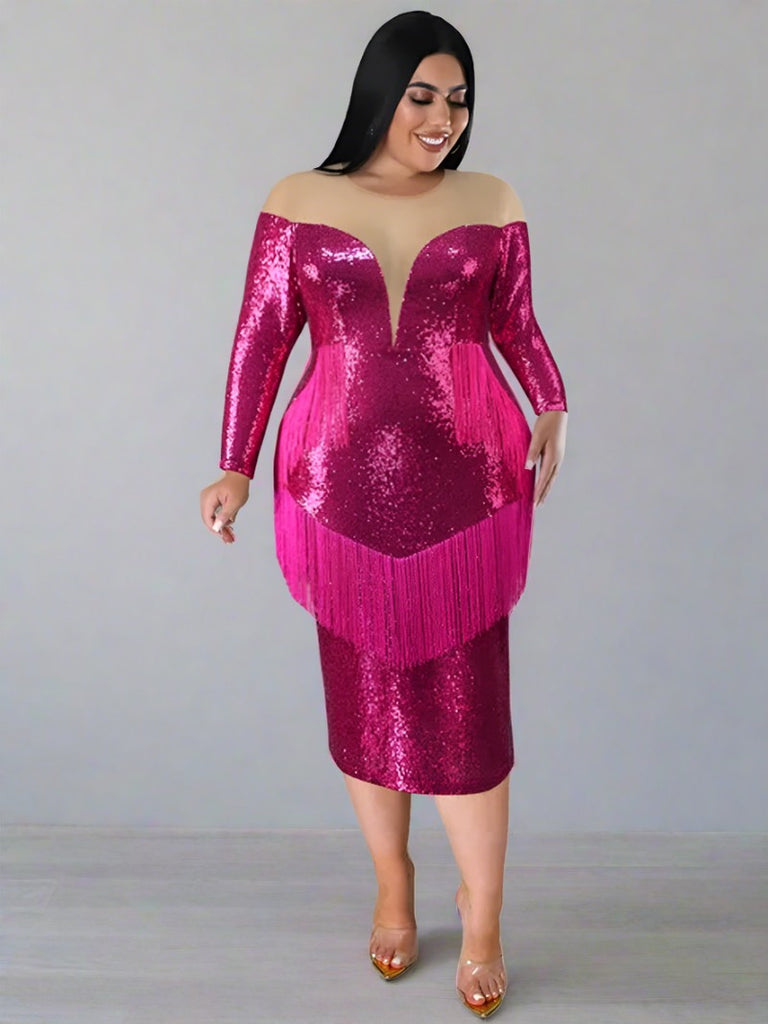 Dazzling Curves Plus Size Fringe Sequins Evening Dress