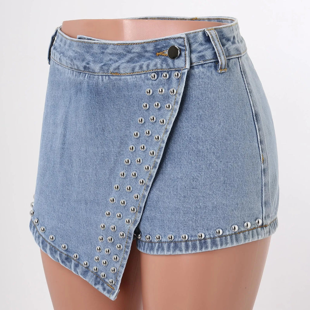 Women's Summer Denim Skirt Shorts with Bead Detail and Cargo Pockets