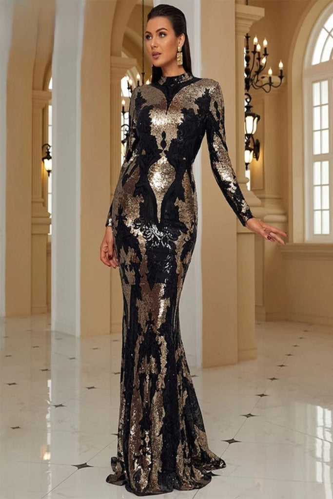 Stunning black and gold sequin evening gown with long sleeves, featuring an intricate pattern that creates an hourglass silhouette effect. The high neckline and floor-length design offer a sophisticated, glamorous look perfect for formal events and red carpet occasions.