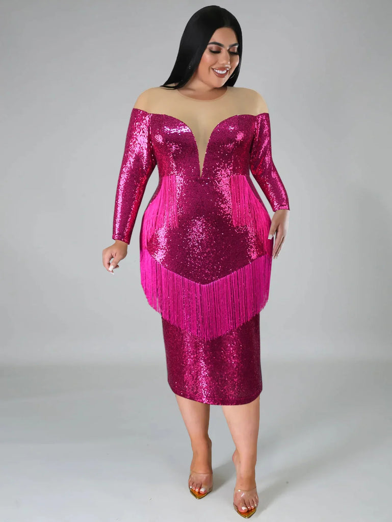 Dazzling Curves Plus Size Fringe Sequins Evening Dress