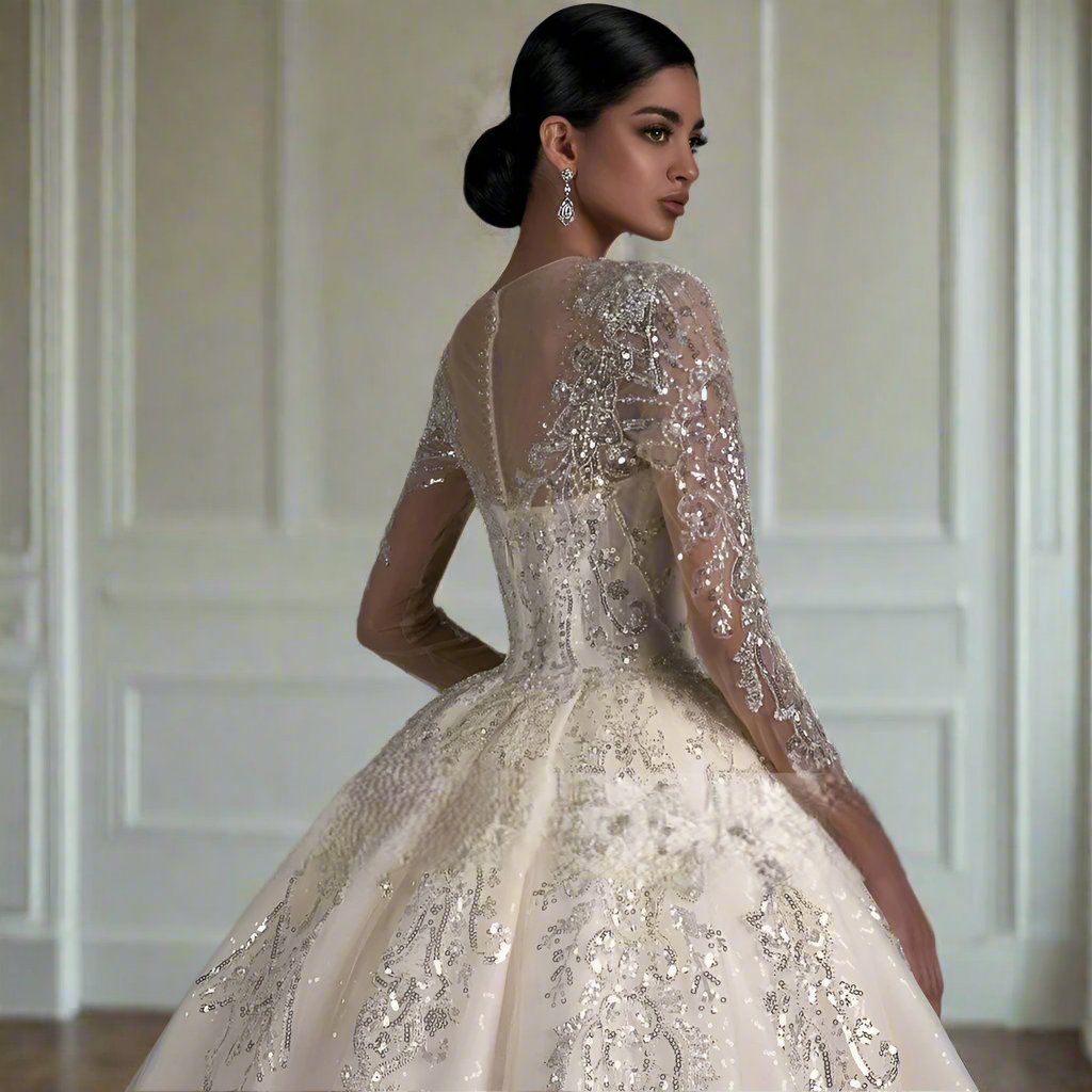 Elegant bridal gown featuring a ball gown silhouette. The dress is adorned with intricate silver embroidery and beading, creating a luxurious and sparkling effect. It has a sweetheart neckline overlaid with sheer fabric forming long, fitted lace sleeves and an illusion neckline. The full skirt flows into a dramatic train, enhancing the gown's regal appearance. The light ivory color adds a soft and romantic touch, making it a perfect choice for a formal wedding.