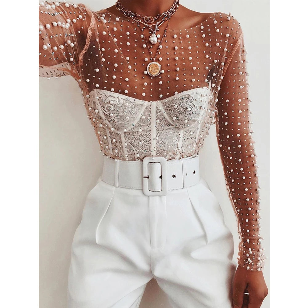 Mesh Patchwork Diamond Pearl Crop Top