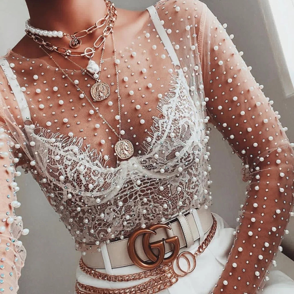 Mesh Patchwork Diamond Pearl Crop Top