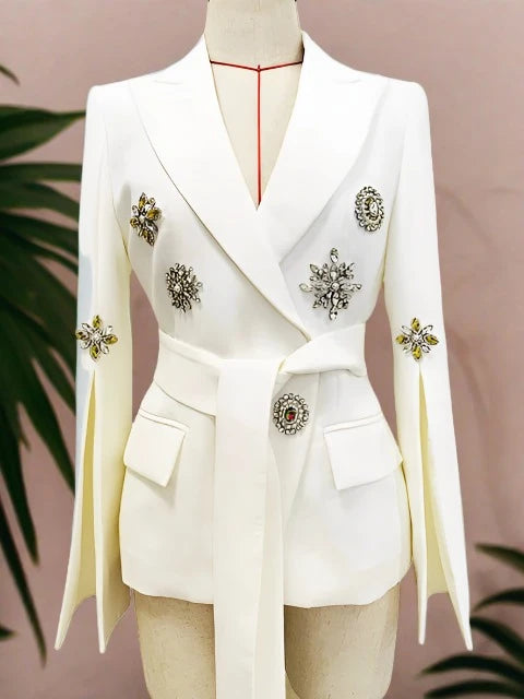 Women's Slit Sleeves Rhinestone Belted Blazer 