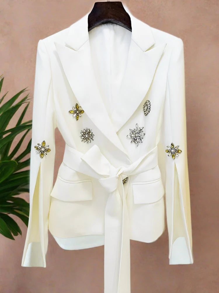 Women's Slit Sleeves Rhinestone Belted Blazer 