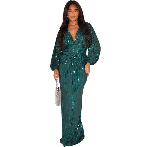 Elegant rose sequin maxi dress, available in black, green, and ivory, ideal for formal events.