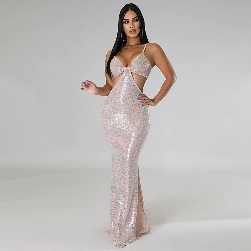 Pink sequin maxi dress featuring a V-neckline, spaghetti straps, and stylish cutout detail, perfect for formal occasions.