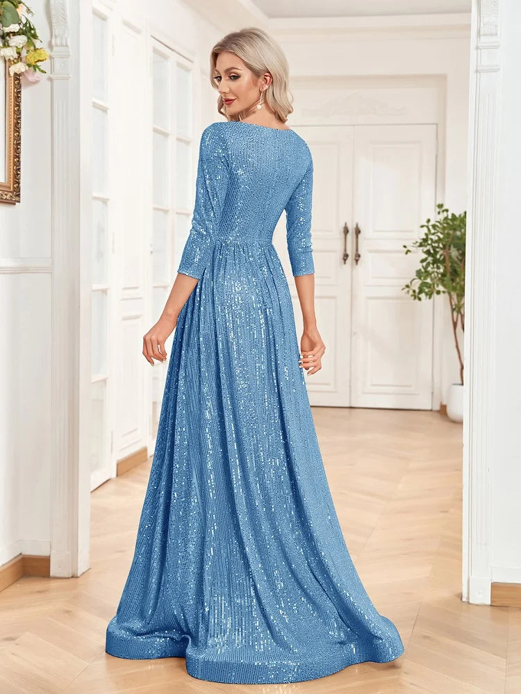 An elegant blue sequin gown with a deep V-neckline, 3/4 sleeves, and a flowing A-line silhouette is perfect for evening galas or formal occasions.