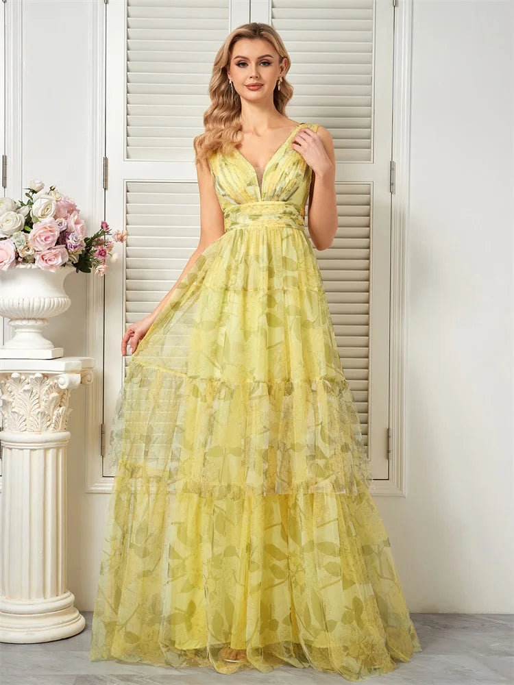 Elegant yellow chiffon backless dress, ideal for bridesmaids, graduation, and formal occasions.