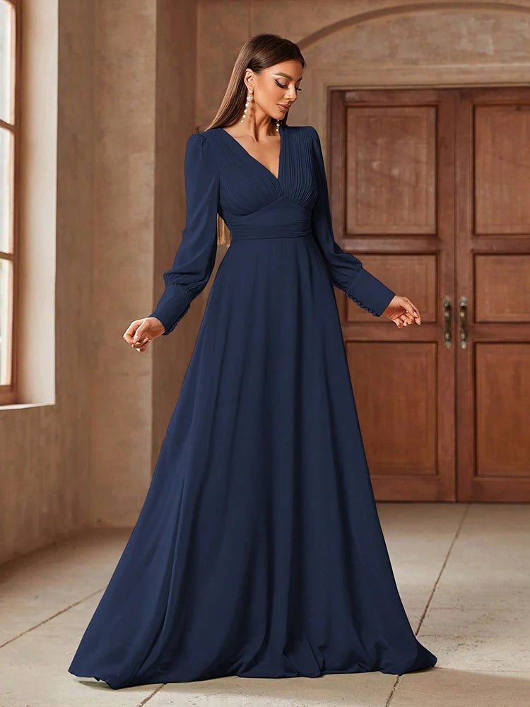 V-neck solid color formal dress with long sleeves, available in pink, blue, and green, perfect for elegant occasions.