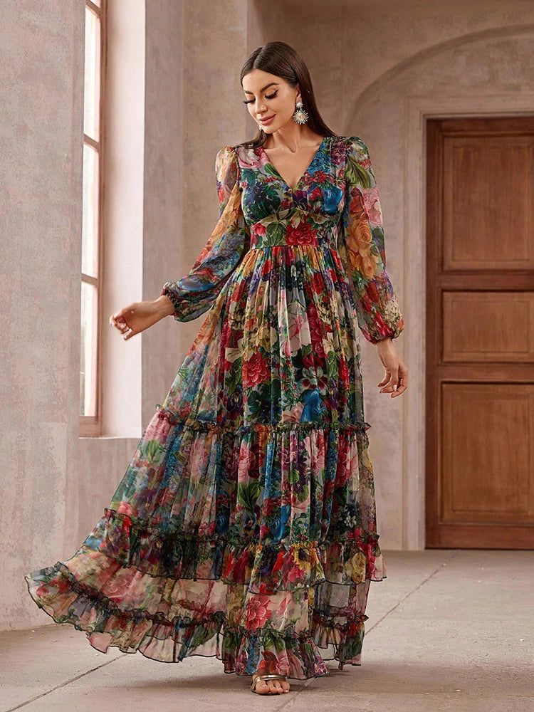 Elegant long-sleeve boho maxi dress with a floral print and frill trim, perfect for casual and vacation wear.