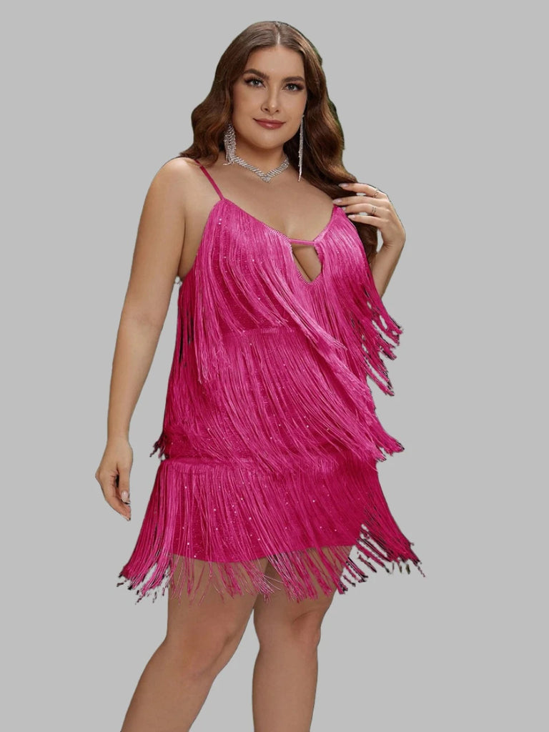 Plus size backless sequin mini dress with fringe details, spaghetti straps, and cutout design, available in multiple colors.