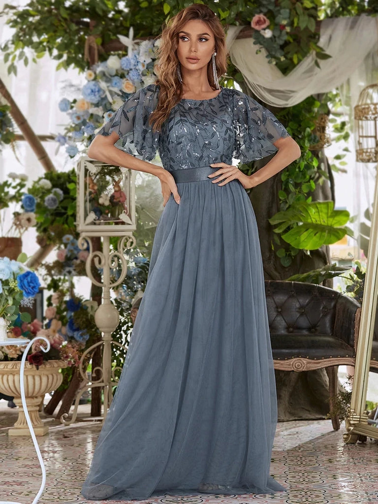 A-line evening dress with cap sleeves and sequins, available in a range of elegant colors, perfect for formal events.