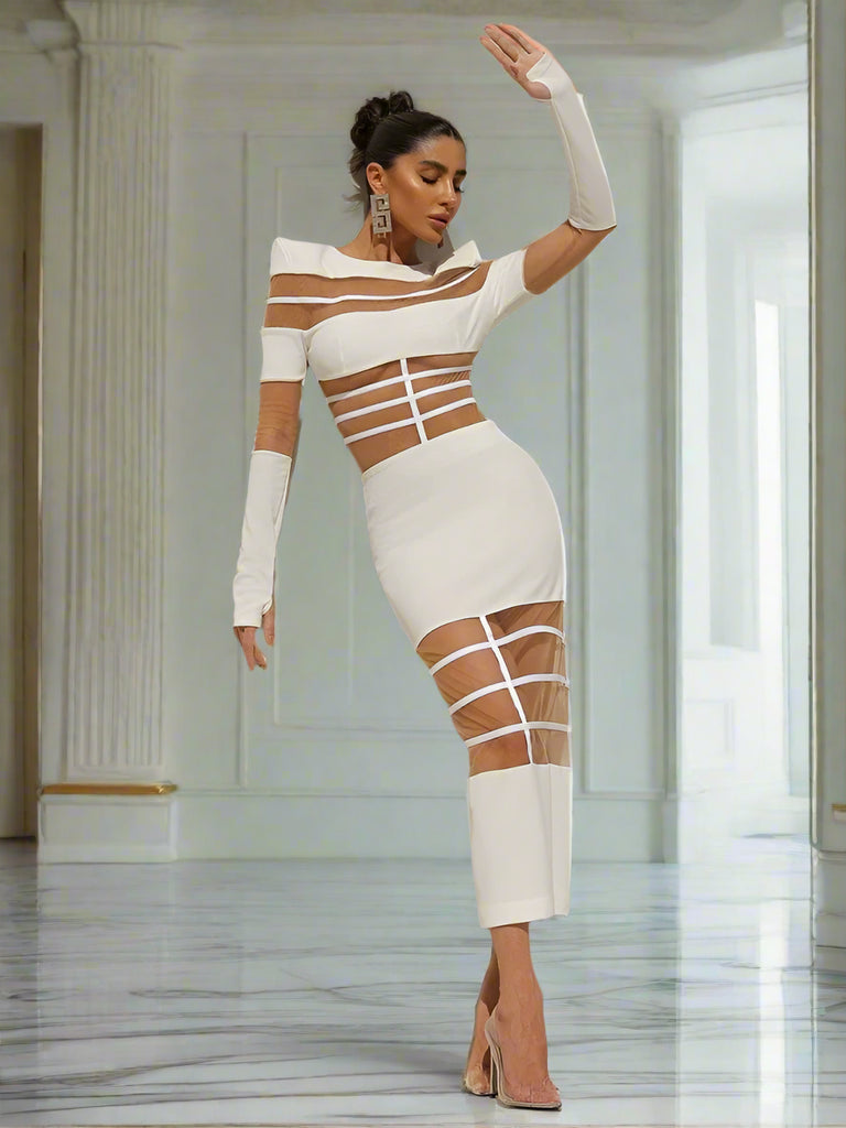 This avant-garde white midi dress features bold cutouts and sheer paneling that create a striking, structured design. Its asymmetrical neckline and long sleeves, paired with a form-fitting silhouette, exude modern elegance and confidence. Perfect for fashion-forward events, galas, or high-profile gatherings.