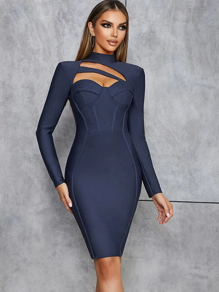 Sophisticated navy blue bodycon dress featuring a high neckline, long sleeves, and unique cutout details on the chest, ideal for chic evening events.