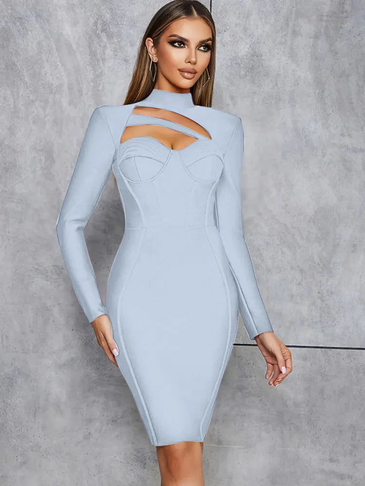 A sophisticated Sky blue bodycon dress featuring a high neckline, long sleeves, and unique cutout details on the chest, it is ideal for chic evening events.